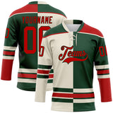 Custom Green Red-Cream Split Fashion Hockey Lace Neck Jersey