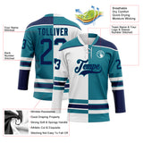 Custom Teal Navy-White Split Fashion Hockey Lace Neck Jersey