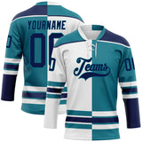 Custom Teal Navy-White Split Fashion Hockey Lace Neck Jersey