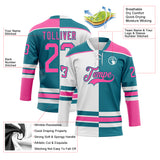 Custom Teal Pink-White Split Fashion Hockey Lace Neck Jersey