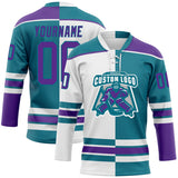 Custom Teal Purple-White Split Fashion Hockey Lace Neck Jersey