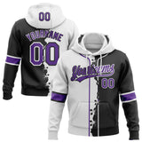 Custom Black Purple-White Split Ripped Pattern Baseball Pullover Sweatshirt Hoodie