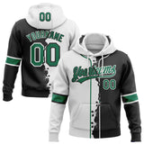 Custom Black Kelly Green-White Split Ripped Pattern Baseball Pullover Sweatshirt Hoodie