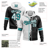 Custom Black White-Teal Split Ripped Pattern Baseball Pullover Sweatshirt Hoodie