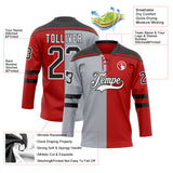 Custom Red Black Gray-White Split Fashion Hockey Lace Neck Jersey