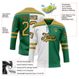 Custom Kelly Green Old Gold Black-White Split Fashion Hockey Lace Neck Jersey