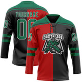 Custom Black Kelly Green Red-White Split Fashion Hockey Lace Neck Jersey