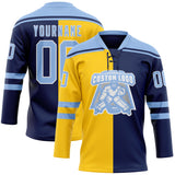 Custom Navy Light Blue Yellow-White Split Fashion Hockey Lace Neck Jersey