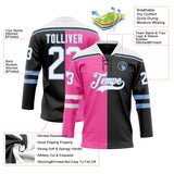 Custom Black White Pink-Light Blue Split Fashion Hockey Lace Neck Jersey