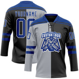 Custom Black Royal Gray-White Split Fashion Hockey Lace Neck Jersey