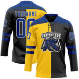 Custom Black Royal Yellow-White Split Fashion Hockey Lace Neck Jersey