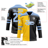 Custom Black Light Blue Yellow-White Split Fashion Hockey Lace Neck Jersey