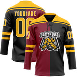 Custom Black Gold Crimson-White Split Fashion Hockey Lace Neck Jersey