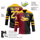 Custom Black Gold Crimson-White Split Fashion Hockey Lace Neck Jersey