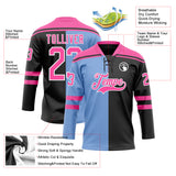 Custom Black Pink Powder Blue-White Split Fashion Hockey Lace Neck Jersey