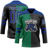 Custom Black Royal Kelly Green-White Split Fashion Hockey Lace Neck Jersey