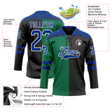 Custom Black Royal Kelly Green-White Split Fashion Hockey Lace Neck Jersey