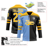 Custom Black Gold Powder Blue-White Split Fashion Hockey Lace Neck Jersey