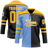 Custom Black Gold Powder Blue-White Split Fashion Hockey Lace Neck Jersey