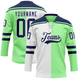 Custom Pea Green Navy-White Split Fashion Hockey Lace Neck Jersey