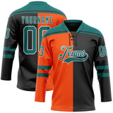 Custom Black Teal Orange-White Split Fashion Hockey Lace Neck Jersey