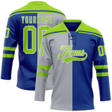 Custom Royal Neon Green Gray-White Split Fashion Hockey Lace Neck Jersey