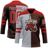 Custom Brown Red Gray-White Split Fashion Hockey Lace Neck Jersey