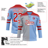 Custom Light Blue Red Gray-White Split Fashion Hockey Lace Neck Jersey