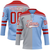 Custom Light Blue Red Gray-White Split Fashion Hockey Lace Neck Jersey