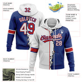 Custom Royal White-Red Split Ripped Pattern Baseball Pullover Sweatshirt Hoodie