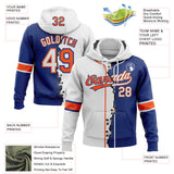 Custom Royal White-Orange Split Ripped Pattern Baseball Pullover Sweatshirt Hoodie