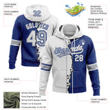 Custom Royal White-Gray Split Ripped Pattern Baseball Pullover Sweatshirt Hoodie