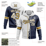 Custom Navy White-Old Gold Split Ripped Pattern Baseball Pullover Sweatshirt Hoodie
