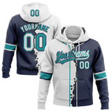 Custom Navy White-Teal Split Ripped Pattern Baseball Pullover Sweatshirt Hoodie