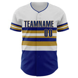 Custom White Royal-Old Gold Block Stripes Lines Kansas City Style Authentic Baseball Jersey