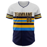 Custom White Navy Electric Blue-Gold Block Stripes Lines Tampa Bay Style Authentic Baseball Jersey