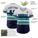 Custom White Navy Gray-Teal Block Stripes Lines Seattle Style Authentic Baseball Jersey