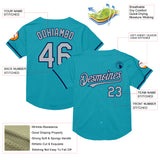 Custom Teal Gray-Navy Mesh Authentic Throwback Baseball Jersey