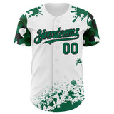 Custom White Kelly Green-Black Splatter Camo Two Tone Authentic Baseball Jersey