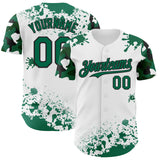 Custom White Kelly Green-Black Splatter Camo Two Tone Authentic Baseball Jersey