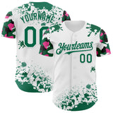 Custom White Kelly Green Pink-Black Splatter Camo Two Tone Authentic Baseball Jersey