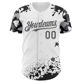 Custom White Steel Gray-Black Splatter Camo Two Tone Authentic Baseball Jersey