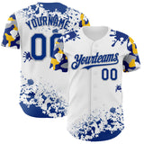Custom White Royal Gray-Yellow Splatter Camo Two Tone Authentic Baseball Jersey
