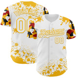 Custom White Gold Red-Black Splatter Camo Two Tone Authentic Baseball Jersey