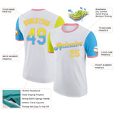 Custom White Neon Yellow Sky Blue-Medium Pink Gradient Two Tone Performance T-Shirt