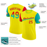 Custom Light Yellow Fire Red Aqua-Neon Green Gradient Two Tone Performance T-Shirt