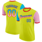 Custom Neon Yellow Lakes Blue Light Pink-Fire Red Gradient Two Tone Performance T-Shirt