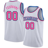 Custom White Black Pinstripe Pink-Light Blue Authentic Basketball Jersey