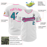 Custom White Teal Black-Pink Authentic Baseball Jersey