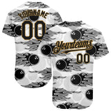 Custom White Black-Old Gold 3D Pattern Design Bowling Ball With Hotrod Flame Authentic Baseball Jersey